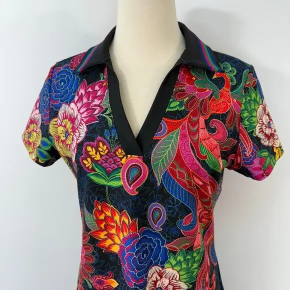 Johnny Was Bee Active Polo Top T-Shirt Short Sleeve Multi-Color Print M - Picture 2 of 8